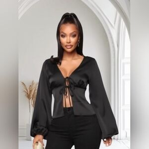FASHION NOVA SEXY BLACK SATIN TIE UP BLOUSE NWT SIZE XL
